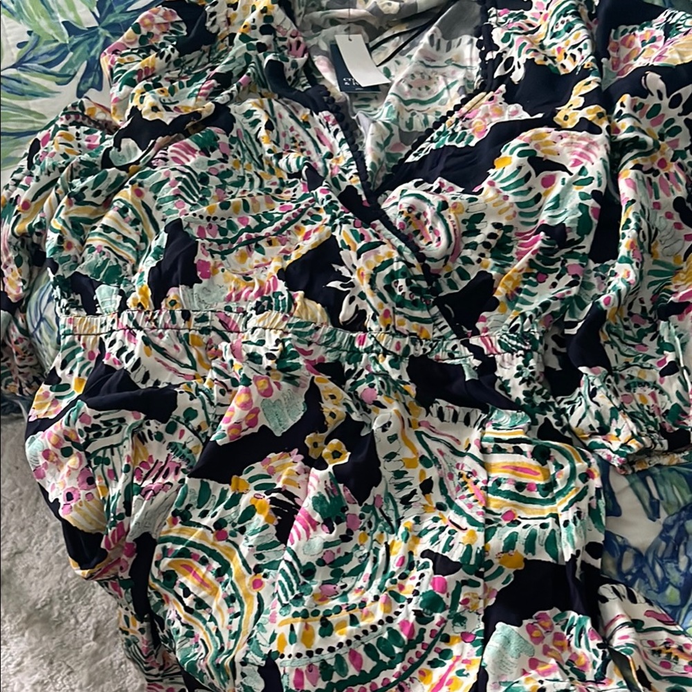 Ruffled Wrap Blouse in Green and Pink